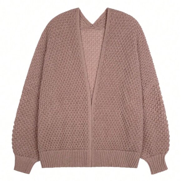 Khaki Casual Women's Dropped Shoulder Long Sleeve Hollow Out Loose Cardigan - Picture 4 of 7